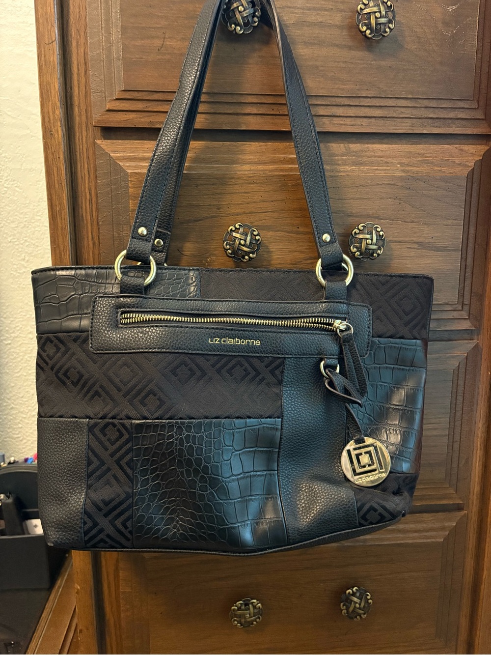 Liz Claiborne Black Patchwork Tote with Branded Charm